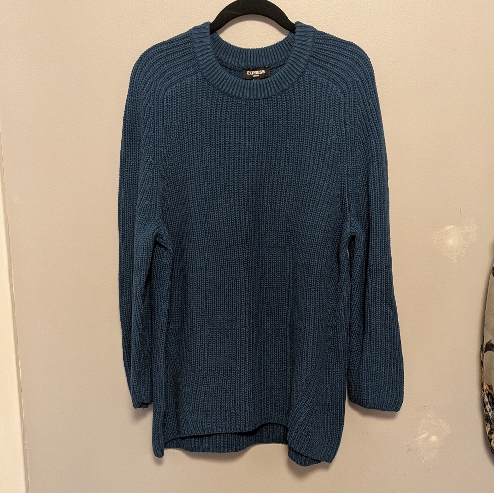 NWT Express Blue London Crewneck Shaker Knit Oversized Tunic Sweater